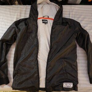 RARE 2000s Hot Topic RUDE Black Windbreaker Hood sz M CONDITION IN DESCRIPTION
